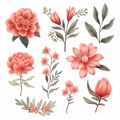 Title: Blossoming Love Description: Create a set of stunning flower illustrations inspired by a wedding theme, with a focus on delicate details, high resolution, vibrant and earthy colors. These drawings should be versatile and suitable for decorating wedding invitations as digital clipart. Image Medium: Digital illustrations that can be easily resized and customized for various design purposes. Style: Blend delicate linework with vibrant and earthy colors to capture the elegance and natural bea