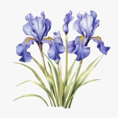 Northern Blue Flag Iris (Iris versicolor) flowers, clipart, watercolor Illustration, Sublimation graphics, by Beatrix Potter, single design, print on demand image, PNG transparent background, white background, 8k