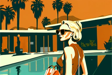 letraset clipart of a the backside of beautiful wealthy elegant 45 year old woman standing with her back to us, holding designer purse in front of a midcentury brutalist house swimming pool in palm springs, 1960's, happy, friendly, sunglasses, washingtonia palms, low camera angle, pool