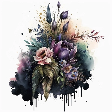 clipart watercolor, detailed and realistic. on white backrgound. beautiful flower tribute, dark theme sorry, loss, funeral like. dark flowers bouquet