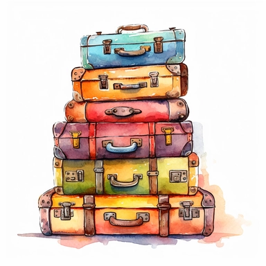 watercolor, Set of traveler's suitcases and accessories on colorful background png Full body realistic cartoon in 32K UHD cute. 15 cm thick outline. Black color. There was no shadow on the ground. 8k with realistic watercolors and detailed illustrations. PNG clipart, transparent white background