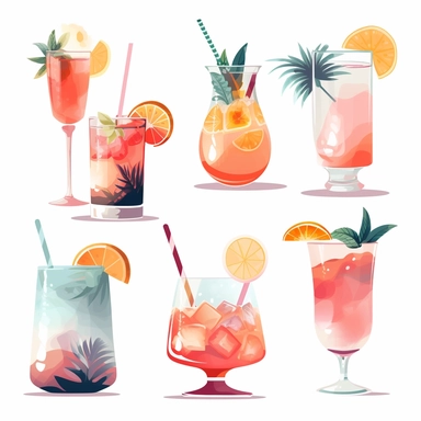 Clipart set of cocktail, eye-catching composition, modern, summer, beach, free brushwork, aesthetic pastel colors, white background