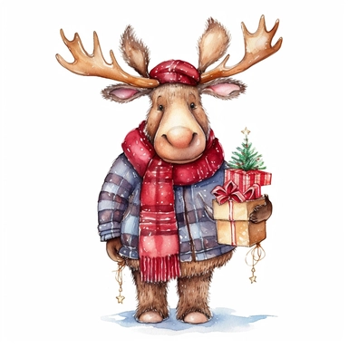 Watercolor, cute Christmas moose, with a red hat, coat and sack of gifts, PNG, winter, nursery, cartoon, highly detailed, watercolor, very high details, white background, clipart style