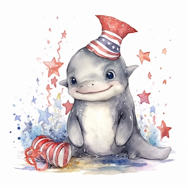 4th of july,cutest little nursery shark with big eyes, full body, pen and ink with watercolor, seaweed, jelly fish, little fish, pearlescent horn, sparkles, glittery, clipart sheet, nurseycore