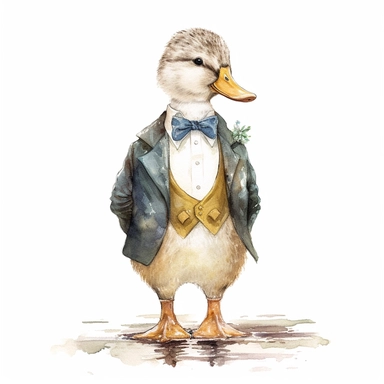 classic Beatrix potter Watercolor svg clipart of a cute adorable jemima puddle duck illustration by Beatrix potter , pastel groom wedding suit , cottage core, png isolated on white background