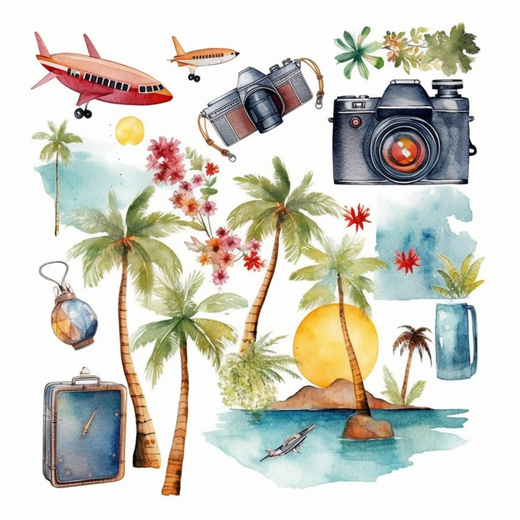 Watercolor Travel Clipart, Summer Holiday, Vacation Clipart