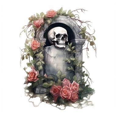 dark arcadia watercolor gravestone clipart, vines, skull, roses