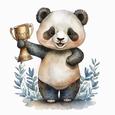 Cute and Happy baby Panda holding a trophy or award, Clipart. watercolor style, white background