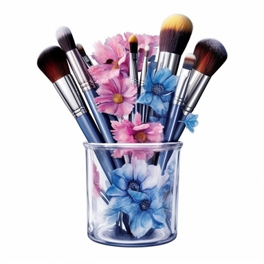 watercolor ultra realistic and hyper detailed illustration of womens makeup brushes in a container, floral, clipart, white background