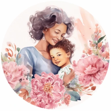 cute watercolor clipart with dark skinned older mom and adult childrens hugging echother in circle, beautiful, hight quality, pastel colors, white background, decorated with pink peonies