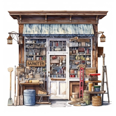 watercolor, hyper realistic, white background, white margins, 16k, ultra detailed clipart, cut out image, hand-drawn vintage hardware store with a wooden storefront and a window display of old-fashioned tools and hardware.