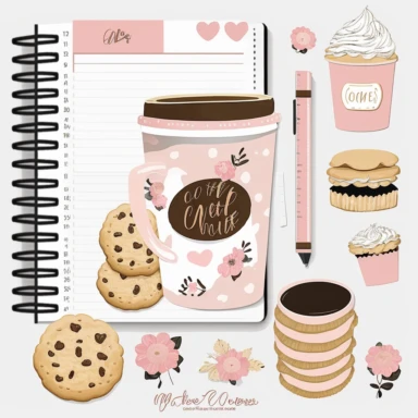 cookie clipart, to do list clipart, planner clipart, stationary, coffee cup, pink and white, c20, no words or letters, no numbers, V5