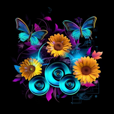 neon electric sunflowers and daisies with butterflies, music notes, music speakers, vinyl records, 3d clipart