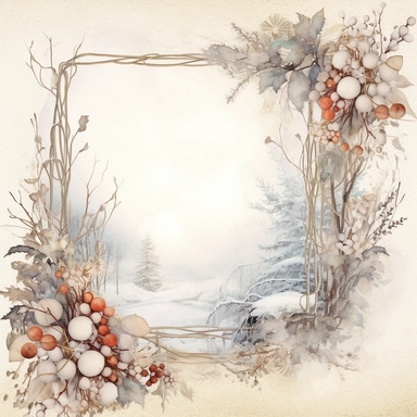 stunning christmas frame made of snowy branches , beautiful Christmas clipart, soft faded colors, beautiful watercolor art by Marjolein Bastin, Thomas Kinkade, Carl Larsson, Norman Rockwell, Susan Wheeler