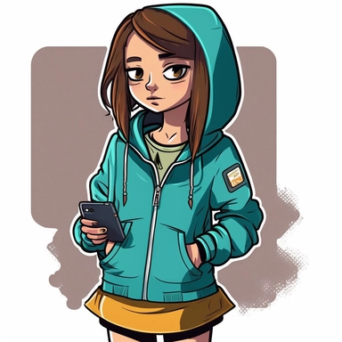 clipart of a young girl wearing a cool outfit with a zip-up sweatshirt and a skirt with a phone in the pocket