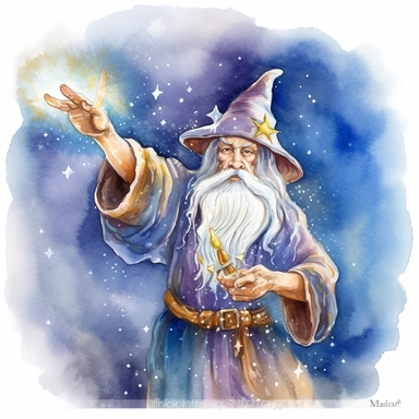 merlin the magician casting a spell with his right hand holding a wand with a small star on its end, surrounded in a cloudy fantasy motif of energy watercolor clipart