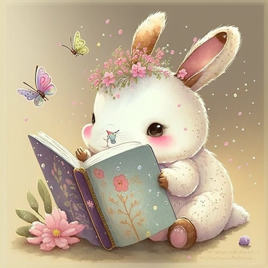 clipart, hand painted, watercolor, vectors, sharp focus, highly detailed, snow Rabbit reading book ,smile on the face,beautiful pink eyes,Chinese New Year, happy Celebration, bright background,Colorful butterfly behind, Cute, Cheerful, pixar style, flowers in the air,wide shot,--vr 9:16