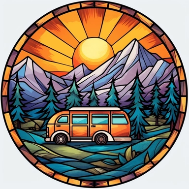 Stained Glass Camper in the mountains in the shape of a circle PNG Clipart