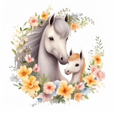 Cute floral illustration, realsitic adorable baby horse hugging his mom happy clipart, nursery style clipart, Nursery Animals Art, Kids Wall Art, Kids Room Decor, Baby Room Decor, isolated on white, ultra - detailed, high quality, ghibli style, award winning