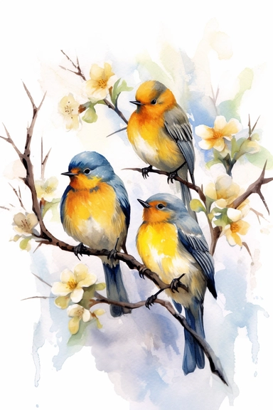 Watercolor cute birds standing on a branch in spring, nature, very vivid colors, highly detailed drawing, white background, clipart, colorful, highly detailed, HD