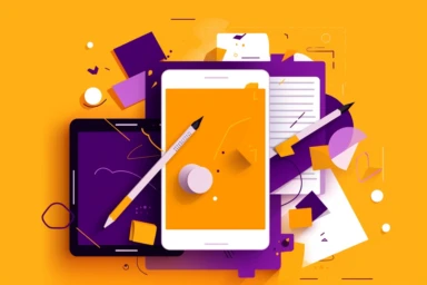 a tablet near a phone on a yellow background with a few cliparts on it, in the style of dark violet and orange, minimalist graphic designer, modular construction, website, rectilinear forms, minimalist pen lines, innovative page design