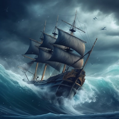 Can you generate a cute semi-realistic 3d image of an ocean background suitable for use as a backdrop for clipart? The image should depict a pirate ship caught in a storm at sea, tropical ocean with crashing waves and a blue sky with dark clouds. The focus should be on the ship and surface of the ocean, rather than below the surface, and there should be no other distracting elements in the image.