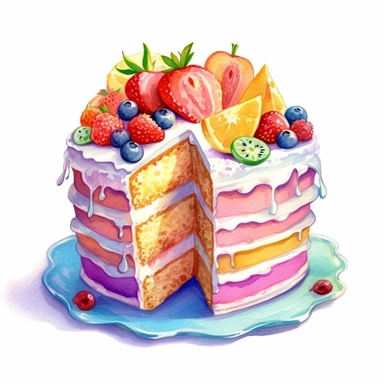 watercolor, hyper realistic, white background, white margins, 16k, ultra detailed clipart, cut out image, hand-drawn a festive layered cake with vibrant rainbow-colored frosting, perfect for a celebration. in the style of layers of paint, lively tableaus, kitsch and camp charm, website, bloomcore, glorious, creative commons attribution