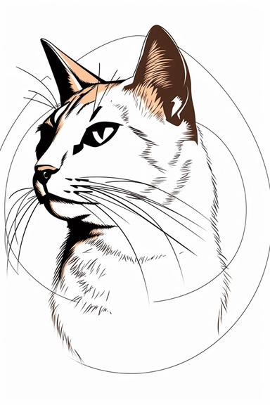 chat assis de face corps entier, contour de la silhouette au trait fin croquis simple une ligne, clipart vector logo, style Leonardo da vinci, fond blanc