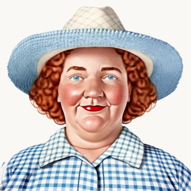 clipart, head of little debbie as an obese woman in her fifties, facing the camera, light red curly hair, smiling, wearing her iconic straw hat, wearing her collared blue and white gingham shirt, in the style of norman rockwell, isolated on a white background
