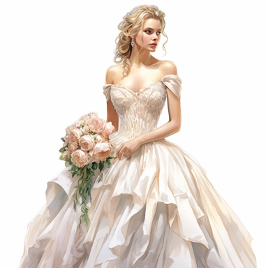 Capturing the timeless beauty and classic elegance of the wedding gown in a detailed portrait. Watercolor clipart, white background, HYPER-realistic