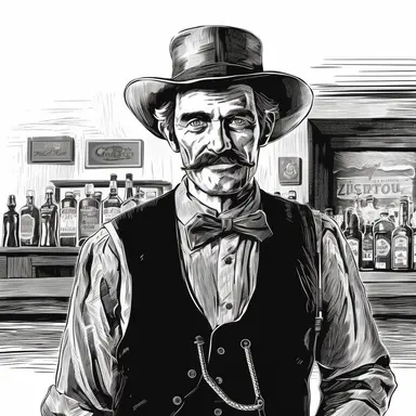 clipart, old west,saloon owner, ink style, black and white , enthusiastic expression, come on in expression