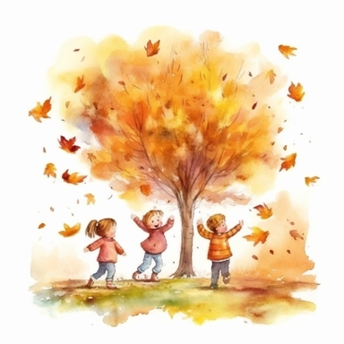 watercolor style, realistic autumn scenery, kids throwing leaves under the autumn tree, kids close up, clipart, isolated on white background, 4K
