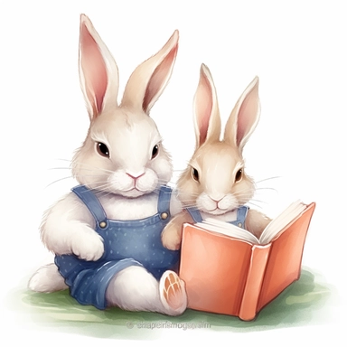Cute rabbit wear pink shirt read children book to shirtless white cute bunny clipart,smile expression, they sit side by side pose, left side view, in the style of watercolor cartoon clipart, beatrix potter style,pixar style, high resolution, composition free space, pastel color scheme, soft and tender, watercolour clipart, watercolor illlustration for kids and children,isolated white background, clipart most popular on etsy, book illustration, featured on dribble,print on demand image, PNG tranp