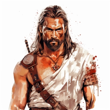 beautiful stunning handsome vintage barbarian d&d male character, paint art style, clipart, white background, superrealistic, one of a kind