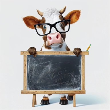 a funny looking smiling baby cow with glasses holding up a big blank blackboard, watercolor clipart on white background