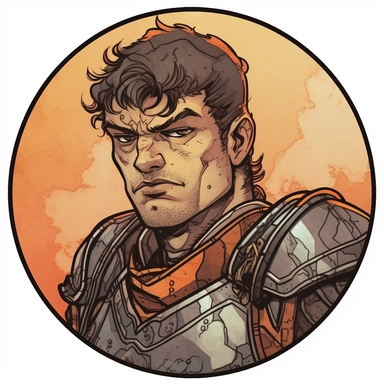 A Dungeons & Dragons character portrait circular tondo depicting a desert onsen knight, Craig Mullins Ashley Wood Bernard Buffet Josh Kirby, Mad Max Lord of the Rings Discworld, handpainted punk zine indie retrowave, clipart illustration, circular solid background circular border