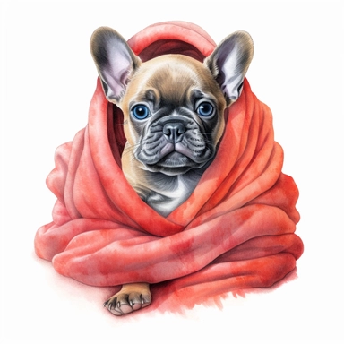 french bulldog puppy wrapped in a blanket, watercolor illustration, clipart, full body, hyper-realistic animal illustration, childlike, free brushwork, white background