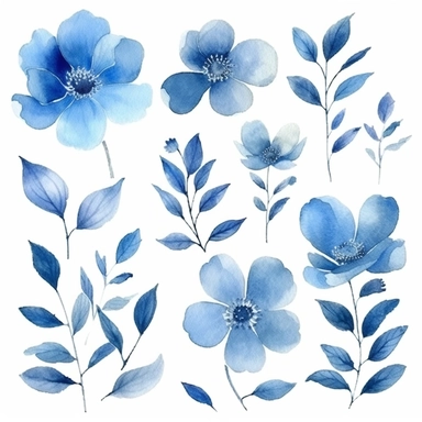 watercolor, handpainted blue boho floral clipart, transparent background, spaced out--ar 3:2