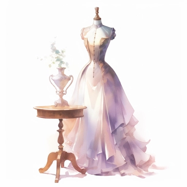 A victorian bustle dress with a pointed waistline and puffed sleeves stands on tailor dummy on white background clipart, soft pastel colors, in the style of realistic watercolors, in style of Willem Haenraets, feminine sensibilities, realistic depictions of human form, detailed illustrations, made of all of the above, clean background, white background, on a white background, transparent background