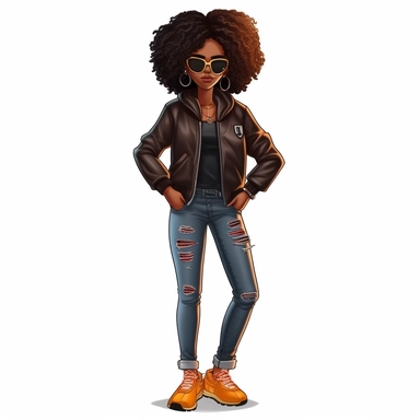 Generate a stylish cartoon clipart of a black girl with a trendy afro hairstyle, wearing oversized sunglasses, a leather jacket, ripped jeans, and fashionable sneakers. Make the background transparent for easy integration into various designs.