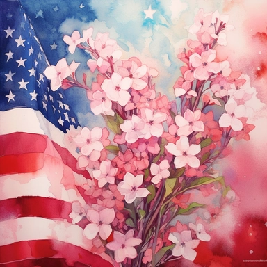 American flag with spring flowers. USA independence day. 4th of July, The illustration should be in the style of dreamy watercolor florals, inspired by the works of artists like Vytautas Kairiukstis, Villagecore, Kathrin Longhurst, and Christian Schloe. The color palette should predominantly feature white and pink, with a touch of flower power. The aspect ratio of the illustration should be 3:2. Be sure to include vintage truck clipart in your design, and dont forget white background, NO BACKGRO