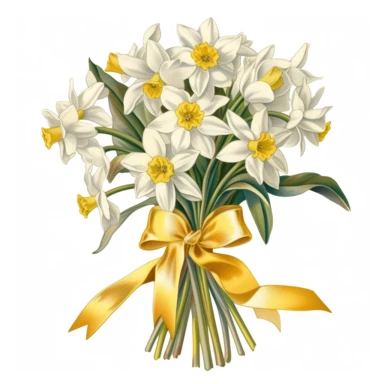 botanical clipart, full jonquil flower bouquet ruban wrap, isolated on white background, Margaret Mee, Pierre-Joseph Redouté, Sydney Parkinson, 8k