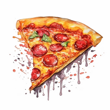 a captivating watercolor, hyper-realistic clipart image with a white background and white margins, portraying a mouthwatering slice of pepperoni pizza with melted cheese and a flavorful tomato sauce. The ultra-detailed, hand-drawn elements capture the stringy cheese and rich colors of the pizza toppings. Use bold shades of red, yellow, and brown to create a visually enticing image that showcases the cheesy and comforting nature of this fast food classic