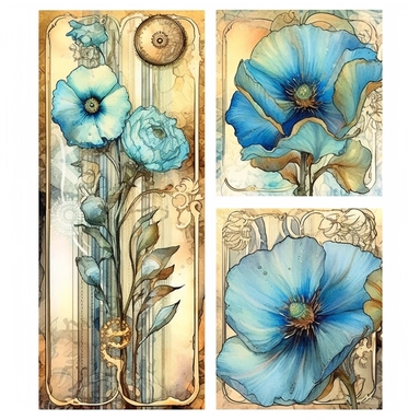 a page of watercolor flowers and street light card collections, set of 4 cliparts, in the style of steampunk-inspired designs, light blue and beige, great contrast, altered and substituted canvases, art arrangement, photographic source, matte, insanely detailed and sharp, some splash with alcohol ink, nouveau réalisme
