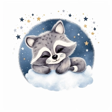 Cute raccoon illustration, realistic adorable raccoon sleeping on a soft moon surrounded by stars, sleepy happy clipart, nursery style clipart, Nursery Animals Art, Kids Wall Art, Kids Room Decor, Baby Room Decor, isolated on white, ultra - detailed, high quality, ghibli style, award winning