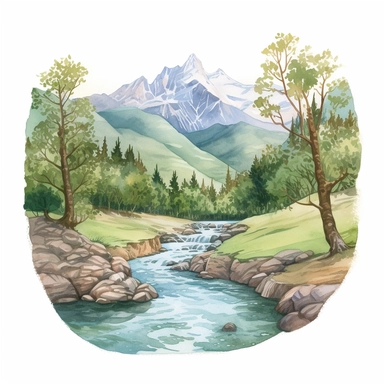 Professional gouache hand - painted illustration of Mountain River in the middle surround by trees, spring, focus on the mountain, Landscape clipart, hiking, nature, camping, white background, natural form, very detailed, deep colour, 8k