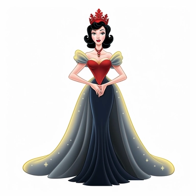 FULL-BODY PERSPECTIVE OF A 2D DISNEY CLIPART ILLUSTRATION OF A BEAUTIFUL AND BENEVOLENT QUEEN, WHITE BACKGROUND, STYLE OF DISNEY'S 1937 MOVIE SNOW WHITE, WHITE BACKGROUND