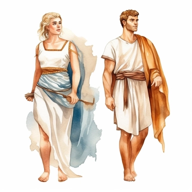 Watercolor well built blond roman man and woman with white cloths , illustrations clipart set, simple, , cartoon elements, different variants , separate elements with a margin