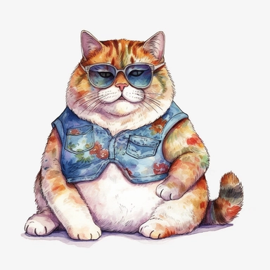watercolor cozy watercolor clipart artwork of fat cat with sunglasses, hd white background