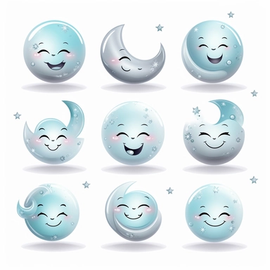 beautiful smiling moon symbols in white, pale blue and silver, white background, vector-style, clipart collection